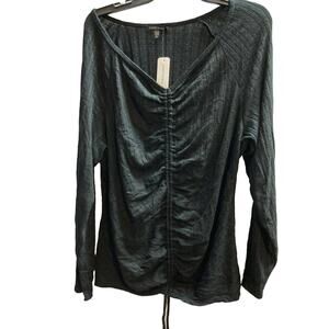 Curvy Sense Women's Top Plus 1X Black NEW Ruched Drawstring V-Neck Long Sleeve